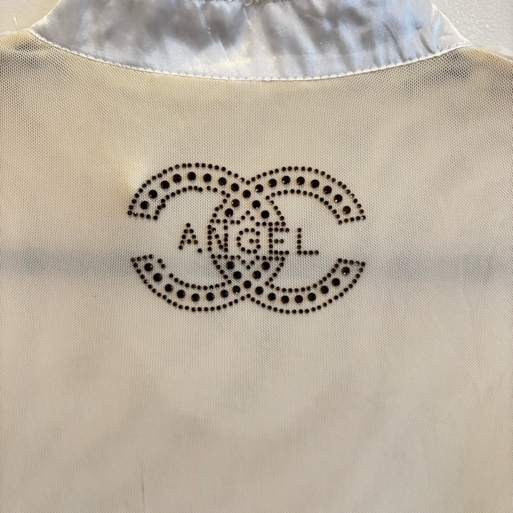 Euro Qian Wan Zi CC Angel Cream Micro Mesh Pearl Gems & Ruffle Long Sleeve L - Picture 8 of 13